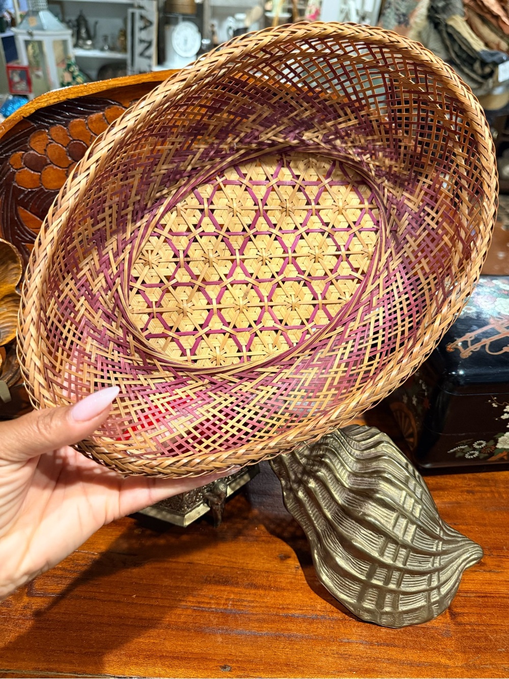 VTG Handwoven Natural and Purple Wicker Basket - Brand Unspecified